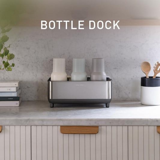 simplehuman Bottle Dock, Fast Drying Bottle Rack with Steel Frame & Diatomaceous Earth Base, Three-Compartment Organizer for Tumblers, Caps & Straws, Built-in Straw Holder, Brushed Stainless Steel