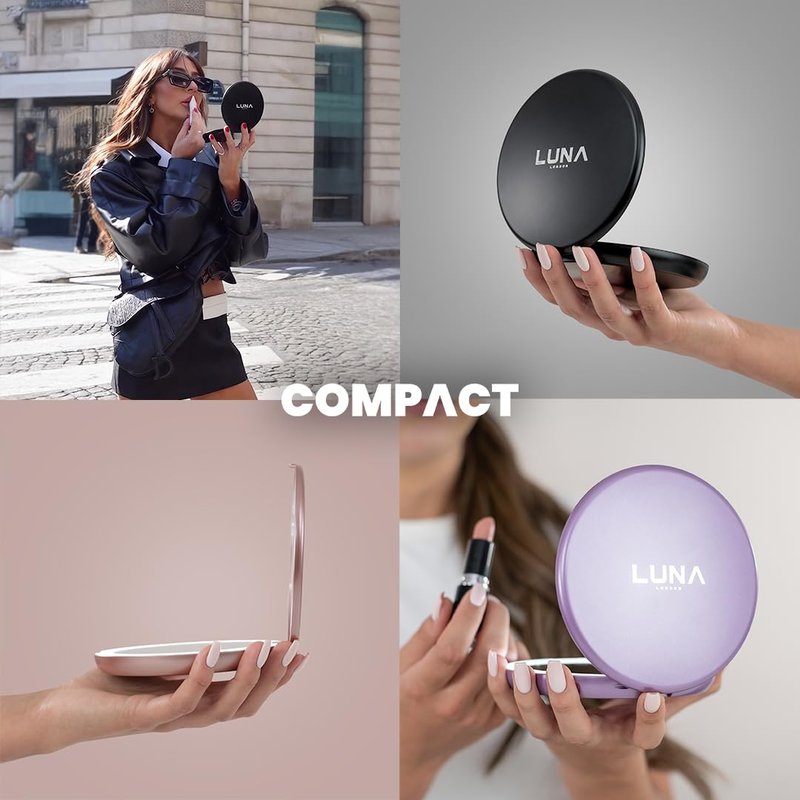 LUNA London Compact Travel Mirror | Travel Makeup Mirror with Light | LED Lighted Vanity Mirror with 3 Light Modes | 7X Magnification Folding Portable & Rechargeable (Chalk Grey)