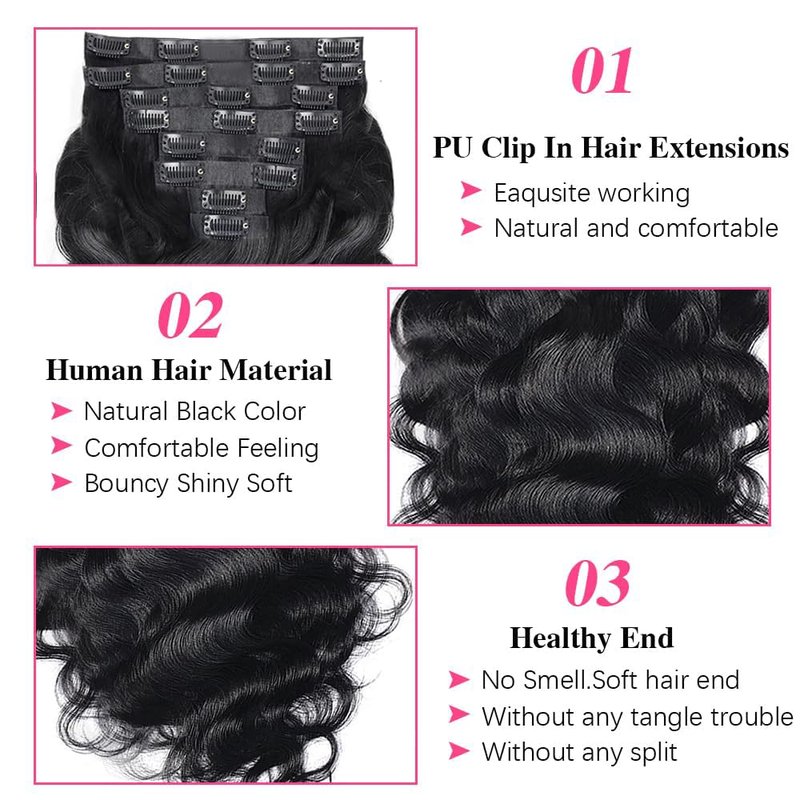 MYouan Seamless Body Wave Clip Ins PU Weft Clip In Hair Extensions Real Human Hair Clip Ins 16Inch 100% Unprocessed Human Hair Extensions 8pcs/set (20Clips120g)