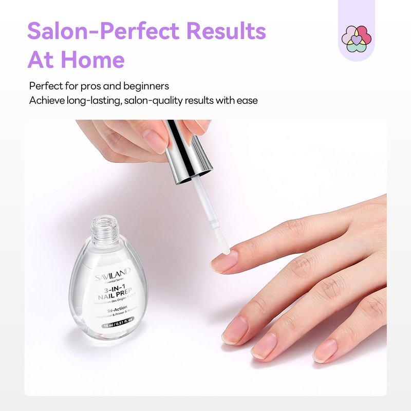 SAVILAND Essentials Tri-Action Nail Dehydrator and Primer: 3-in-1 Nail Primer for Better Adhesion & Longer Lasting Manicure Plant-Based Nourishing Dehydrator Nails Prep Supplies for Salon