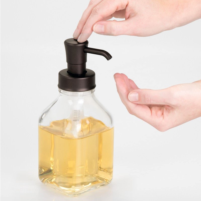 mDesign Square Glass Refillable Liquid Soap Dispenser Pump Bottle for Bathroom Vanity Countertop, Kitchen Sink - Holds Hand Soap, Dish Soap, Hand Sanitizer, Essential Oils - 2 Pack - Clear/Bronze