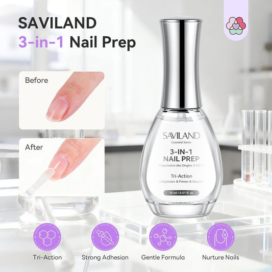 SAVILAND Essentials Tri-Action Nail Dehydrator and Primer: 3-in-1 Nail Primer for Better Adhesion & Longer Lasting Manicure Plant-Based Nourishing Dehydrator Nails Prep Supplies for Salon