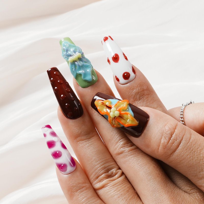 Tesytto Long Coffin Press On Nails with 3D Floral Design - Summer Multicolor Thick Luxury False Nails Reusable Acrylic Nails (Summer Stories,L)
