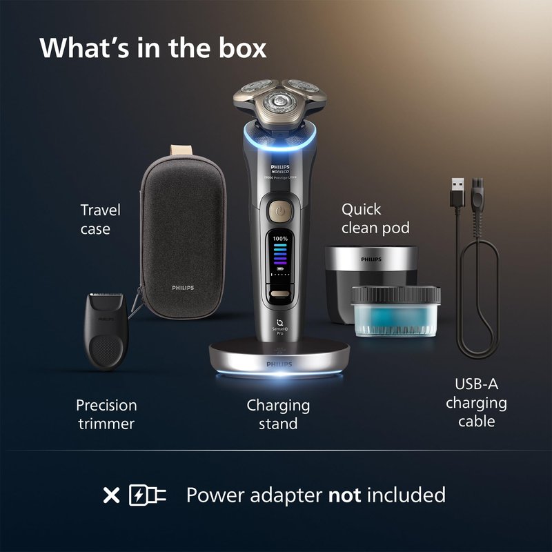 Philips Norelco Shaver i9000 Prestige Ultra, Wet & Dry Electric Shaver, Dark Slate, SenseIQ Pro Technology, Triple Lift & Cut System, 360 Rotating NanoTech Precision Blades, Quick Clean Pod, XP9402/86