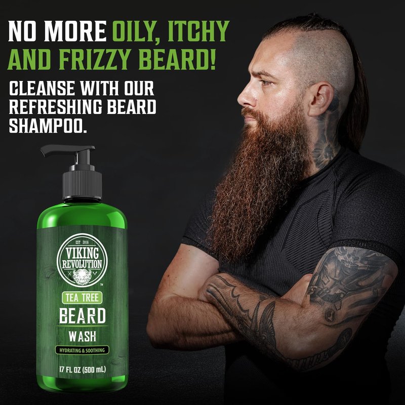 Viking Revolution Tea Tree Beard Wash for Men with Argan Oil and Ginseng Root Extract - Beard Softener and Strengthener Beard Shampoo with Olive Oil Beard Care to avoid Beard Dandruff and Itch (17oz)