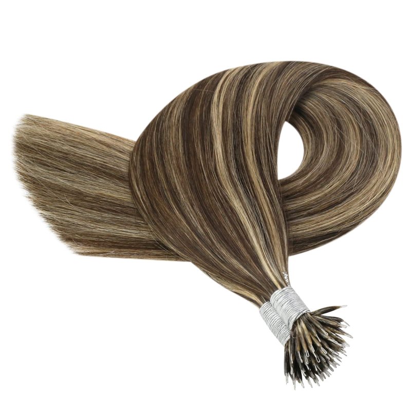 YoungSee 20in Nano Bead Hair Extensions Dark Brown Highlight Caramel Blonde Nano Hair Extensions Brown Human Hair Nanolink Hair Extension Cold Fusion Nanoring Natural Hair 50 Strands 50g for Wedding