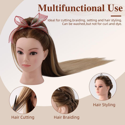 Mannequin Head with Hair, Mannequin Cosmetology Manikin Practice Doll Head for hair styling Braiding Hairdressing Head with Table Clamp + DIY Hair Styling Set