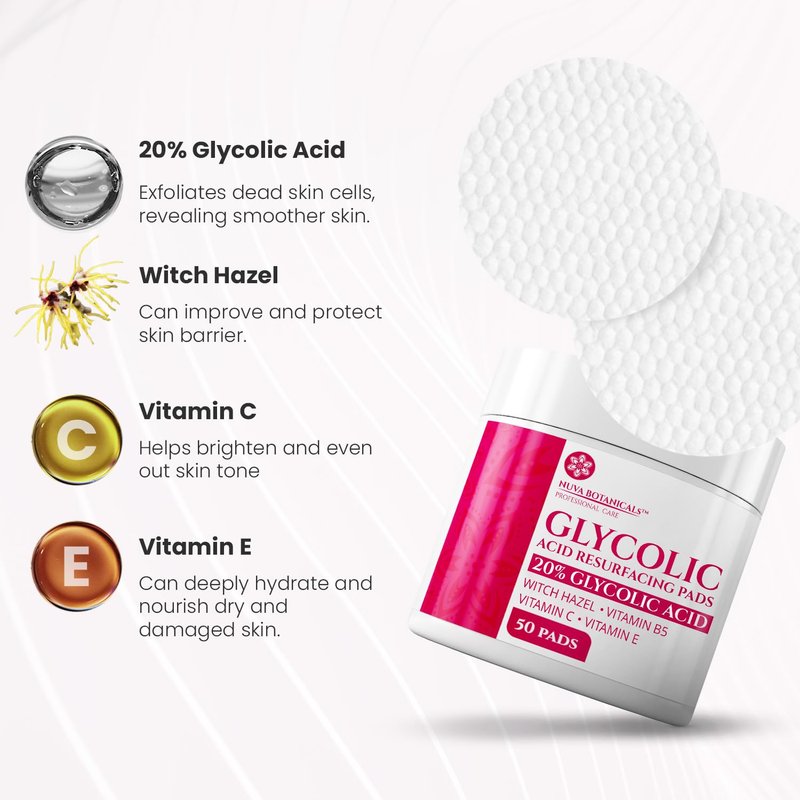 20% Glycolic Acid Pads (50 Pads) - Exfoliating Pads for Face Chemical Peel for Face at Home - Glycolic Acid Peel Exfoliating Face Pads - Acne Pads Facial Peel Face Exfoliating Pads with Vitamin C