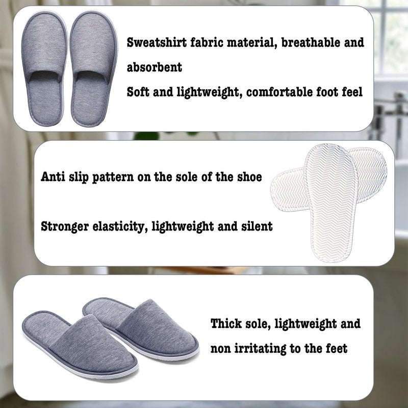 4 Pairs Disposable Slippers for Guests, Washable Cotton Spa Slippers with Non-Slip Sole - Breathable Open Toe House Slippers for Hotel, Travel, Wedding, Party - Indoor Guest Shoes for Women & Men (Grey)