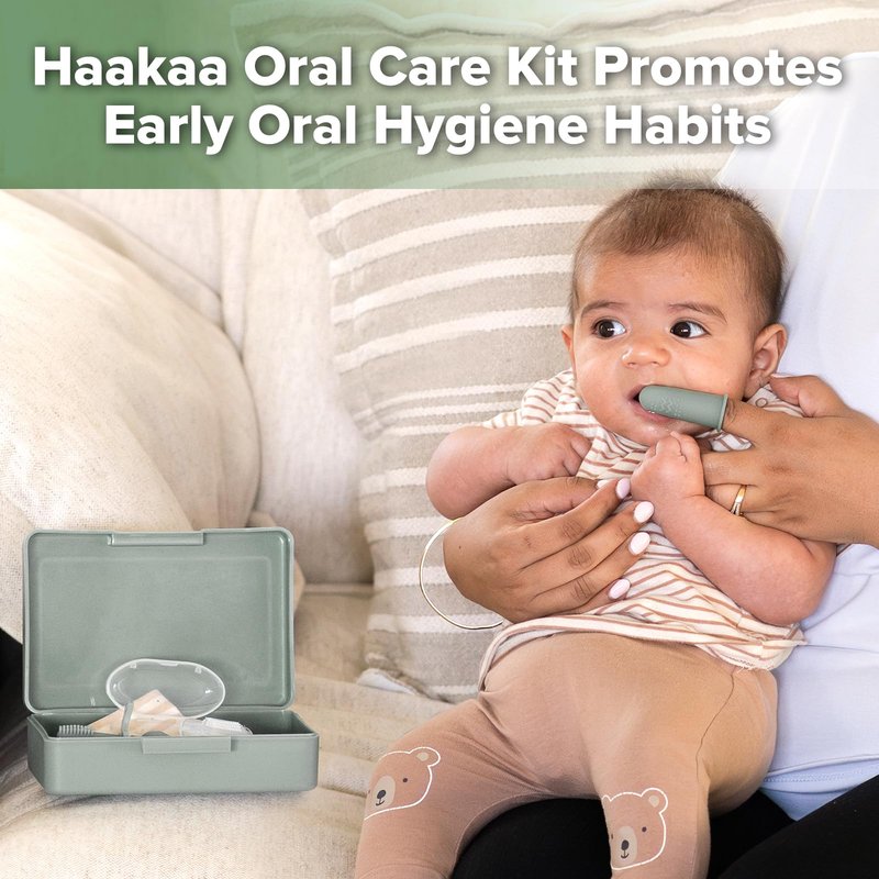haakaa Training Toothbrush Set Oral Care Kit, Soft Silicone Toothbrush for Baby, Infants, Toddlers & Kids, Pea Green