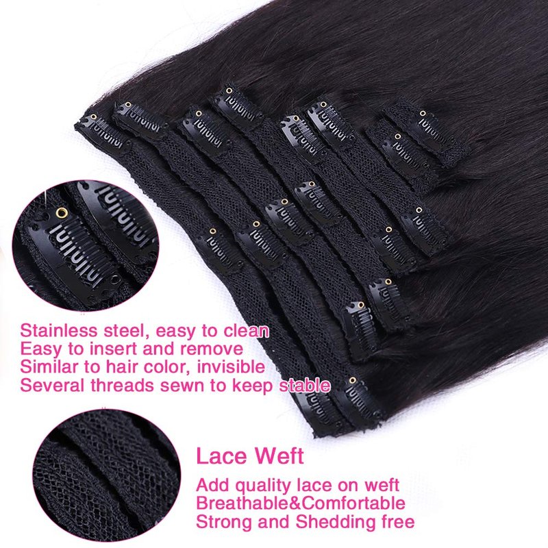 Straight Human Hair Clip in Hair Extensions for Women 100% Unprocessed Full Head Brazilian Virgin Hair Natural Black Color,8/Pcs with 18Clips,120 Gram (16inch, Straight hair)