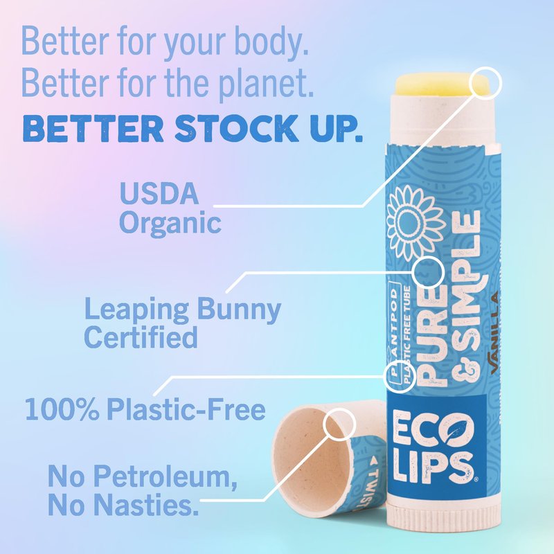 Eco Lips Pure & Simple Raspberry, Coconut and Vanilla Organic Lip Balm 9-Pack (0.15 oz.) - 100% Natural. 100% Plastic-Free Packaging | Made in USA & Cruelty Free