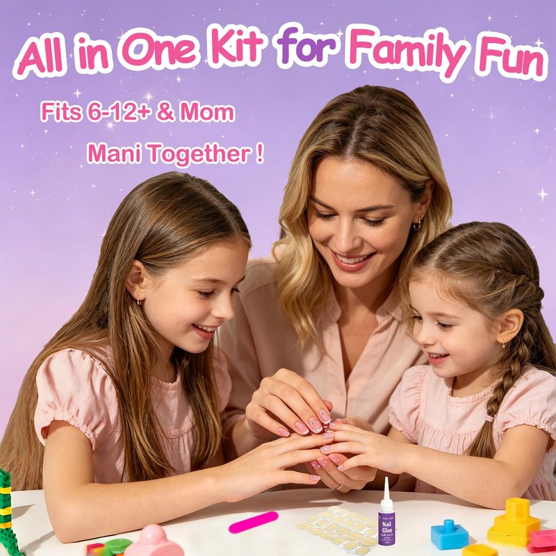 Kids Press on Nails, 24pcs French Tip Press on Nails for Kids 6-12 with 3D Hibiscus, Non-Toxic Nail Kit with Nail Glue, Adhesive Tabs, Fake Nails Gift for Girls