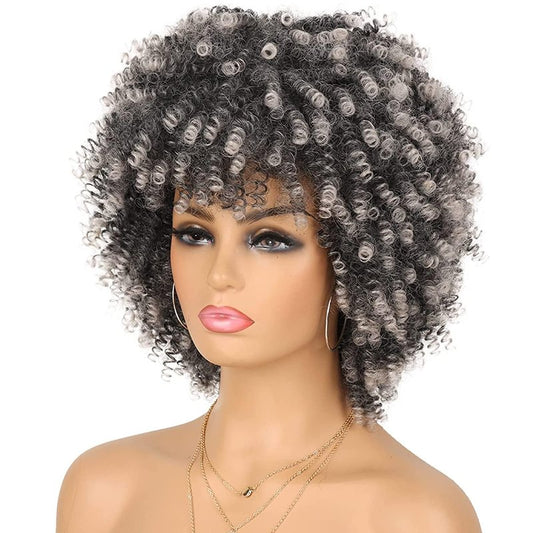 Ninroc Afro Curly Wig with Bangs Black Wigs Kinky Curly Heat Resistant Synthetic Short Curly Wigs for Women Looking Fluffy Bouncy Afro Puff Wig Daily Cosplay (Grey)