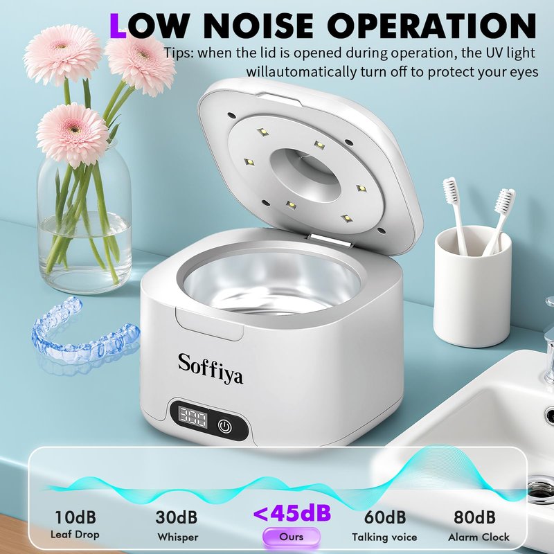 Dental Ultrasonic Retainer Cleaner Machine: Soffiya 49kHz Denture Cleaner with 350ML for Cleaning Dentures, Mouth Guards, Aligner, Braces, Toothbrush Head & Jewelry - UV Cleaner with 4 Digital Timers