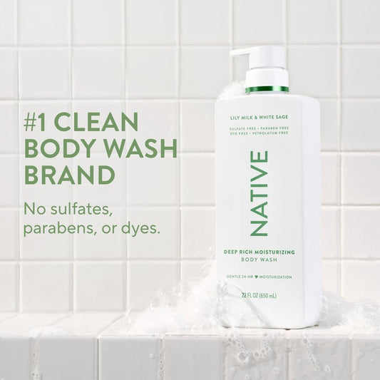 Native Lily Milk & White Sage Scent 24-Hour Moisturizing Bodywash for Women & Men, Clean & Gentle, for Dry or Sensitive Skin, Keeps Skin Healthy & Smooth, Free of Sulfates, Cruelty-Free, 22 oz