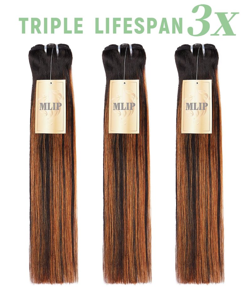 MLIP Human Hair Bundles Straight, Raw Virgin Indian Hair Bundles, Full & Thick, No Tangle No Shedding, Stays Silky Soft After Multiple Washes, Lasts 3X Longer, 1B/30 Highlight, Single Bundle 10 Inch