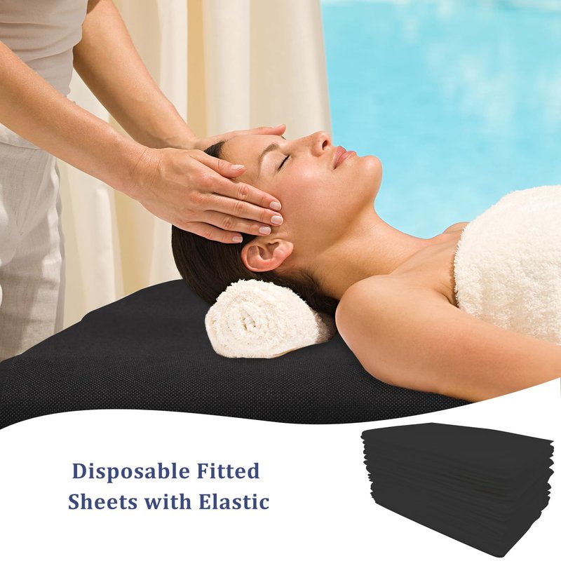 40PCS Disposable Fitted Massage Table Sheets, Heavy Duty Elastic Disposable Bed Cover, Breathable Disposable Fitted Sheets for Spa Black Non Woven Fabric 36 x 85 Inch
