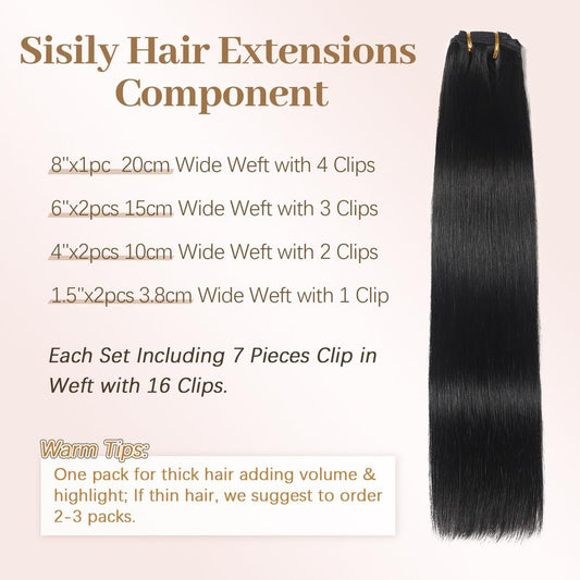 Sisily Clip in Hair Extensions Real Human Hair, Premium Human Hair Clip in Extensions Natural Black, Soft Straight Hair Extensions Real Human Hair Clip ins 7PCS Double Weft(16 Inch #1B)