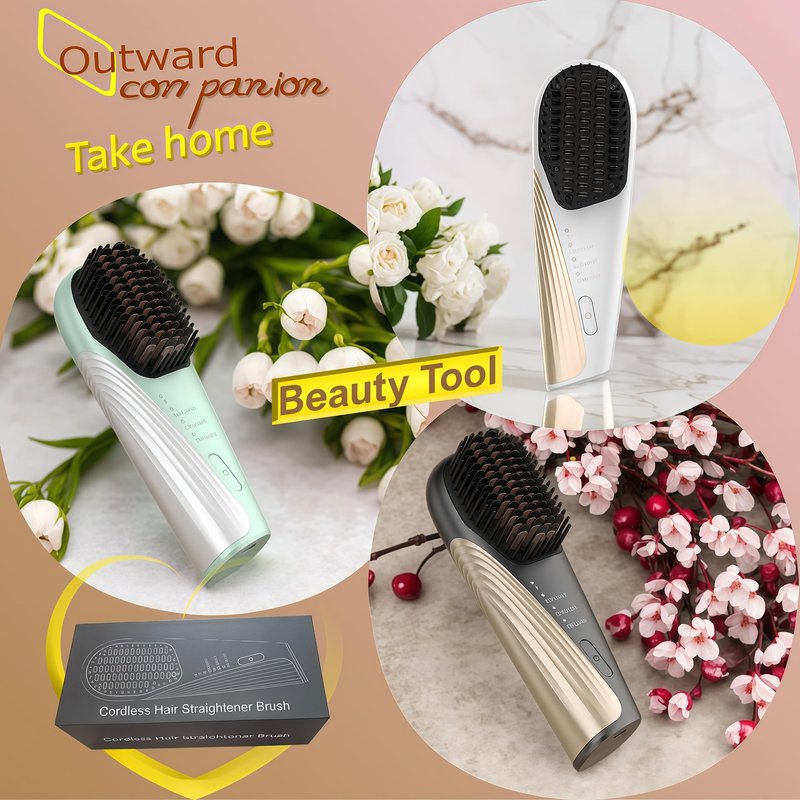 Go Brush Pro Cordless Hair Straightener Brush - Portable Travel-Friendly, 30s Quick Heat, 10000mAh USB-C Rechargeable, 150M Negative Ions (Strai-Grey)