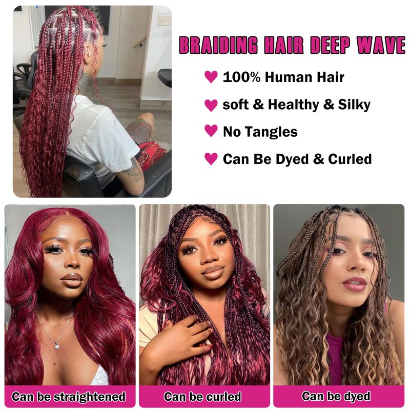 RESACA Deep Wave Bulk Human Hair for Braiding 20 Inch 100g 2 Bundle Boho Braids Human Hair Water Wet and Wavy 100% Unprocessed Brazilian Virgin Hair Extensions Kinky Curly (99j)