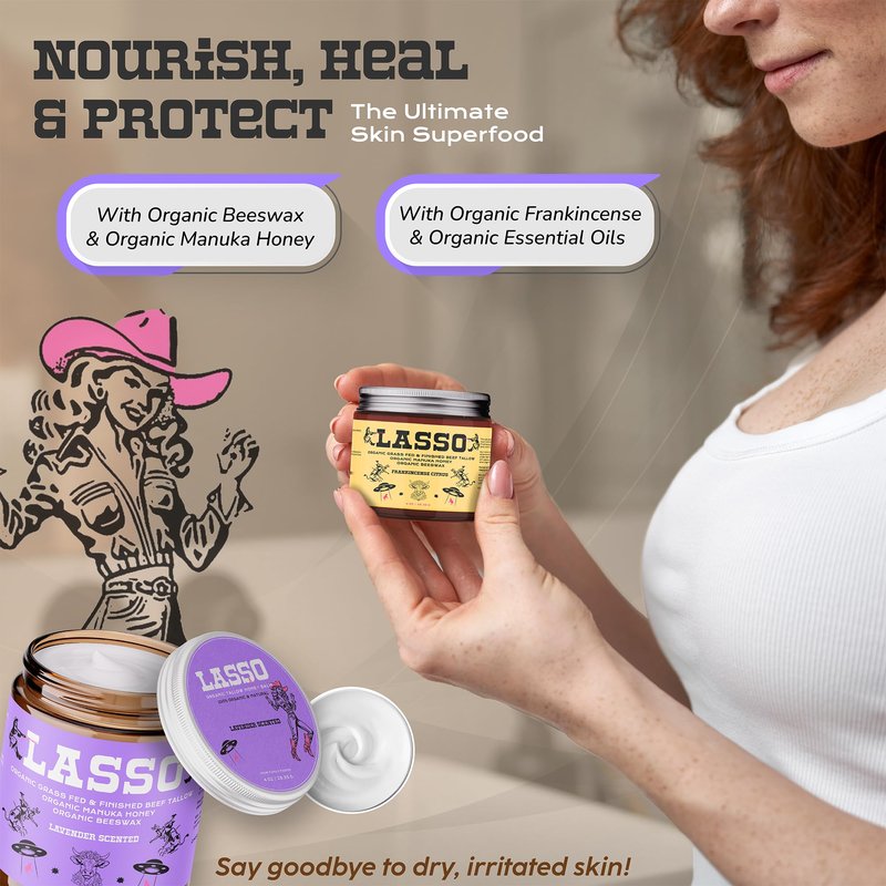 LASSO Beef Tallow Face Moisturizer with Grass-Fed/Finished Beef Tallow for Skin, Organic Manuka Honey and Beeswax, Unscented and Manuka Honey Balm