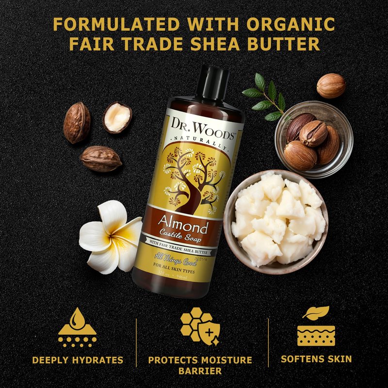 Dr. Woods Almond Liquid Castile Soap - Castile Soap with Pure Almond Oil, Body Wash for Men and Women, Organic Shea Butter, Natural Cleaner for Face, Hands, and Body - 32 Fl Oz, Pack of 2