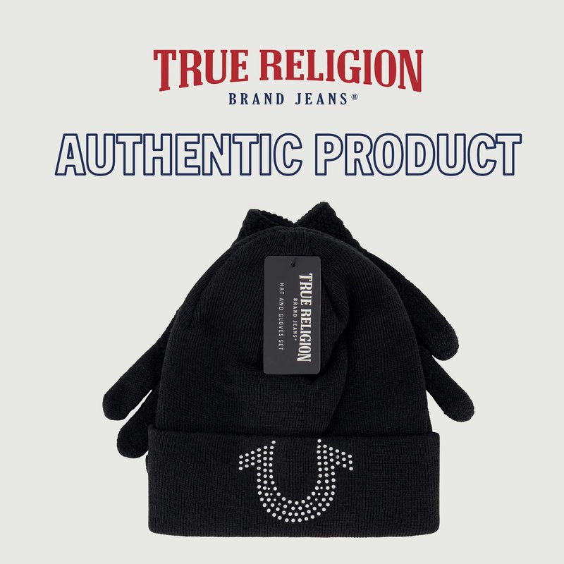 True Religion Beanie Hat and Touchscreen Glove Set, Cuffed Winter Knit Cap with Rhinestone Logo and Touch Screen Mittens, Black, One Size