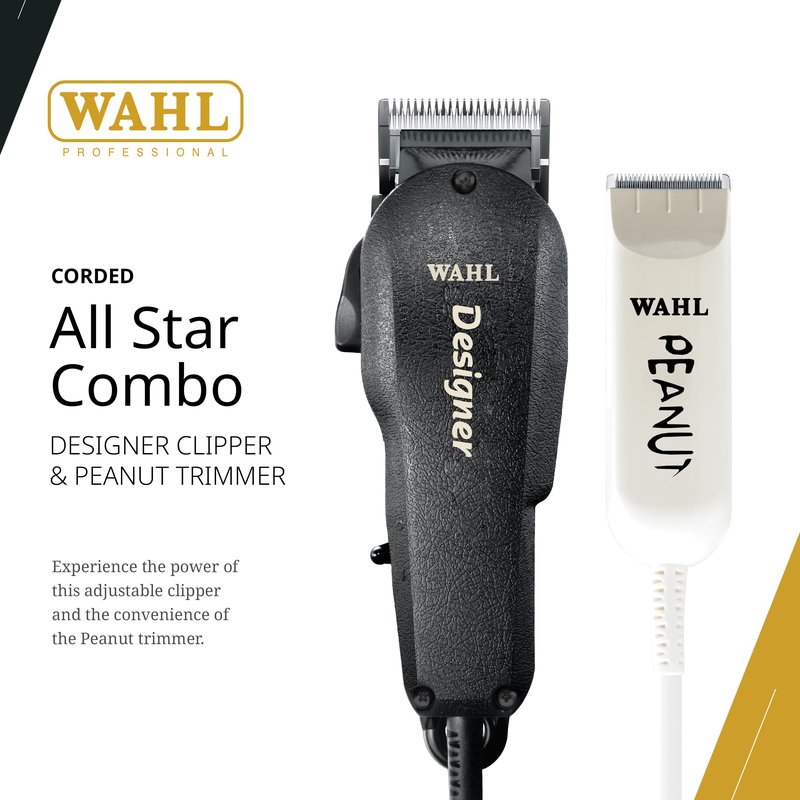 Wahl Professional All Star Combo, Corded Designer Clipper & Peanut Trimmer Set, Adjustable Taper Lever, Complete Kit