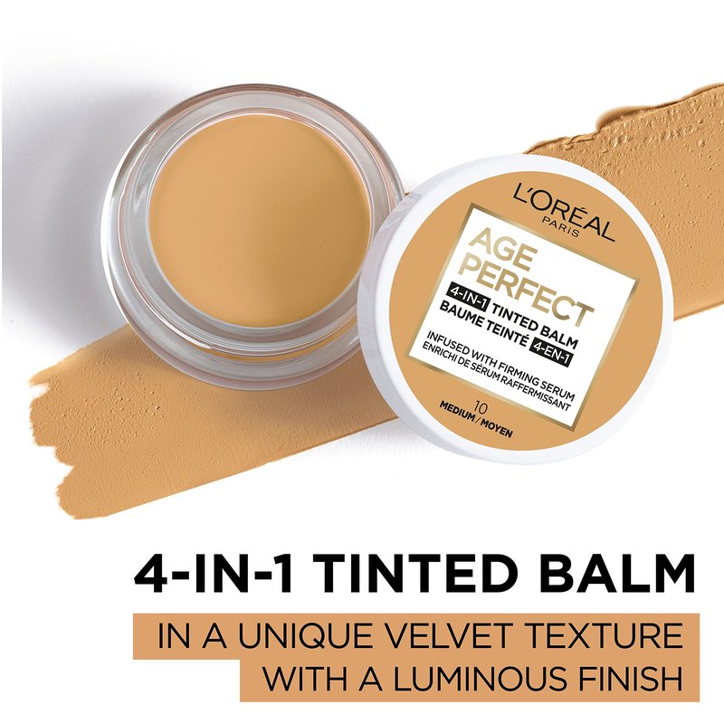 L'Oreal Paris Age Perfect 4-in-1 Tinted Face Balm Foundation with Firming Serum, Medium 10, 0.61 Ounce