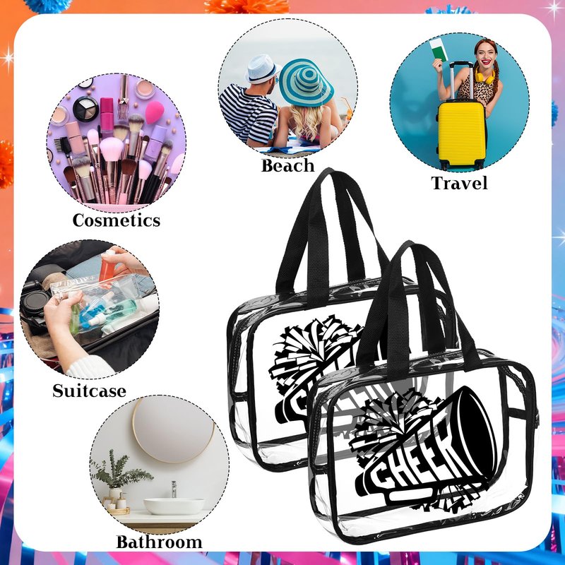 Kacctyen 12 Pcs Cheer Large Clear Toiletry Cosmetic Makeup Bag with Zipper and Handle Cheer Snack Bag Bulk for Team 12 x 9 x 4 Gift Bags Tote Pouch Cheerleading Teammates Party Supplies (Black)