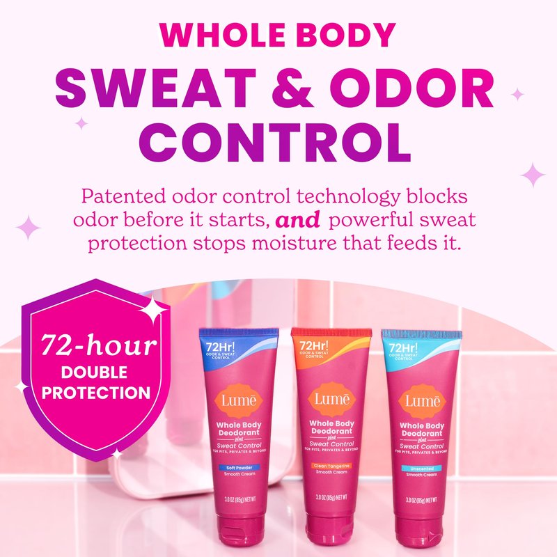 Lume Whole Body Deodorant Plus Sweat Control - Smooth Cream Tube - 72 Hour Odor And Sweat Control - Baking Soda Free, Skin Loving - 3.0 ounce (Pack of 2) (Soft Powder)