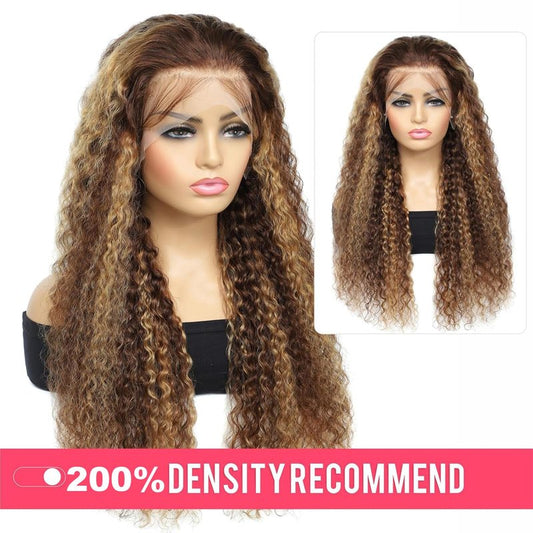 Aikebi Jerry Curly Human Hair Wig Highlight P4/30 T Glueless Curly 200% Density Pre Plucked Cut Human Hair Lace Wig for Black Women