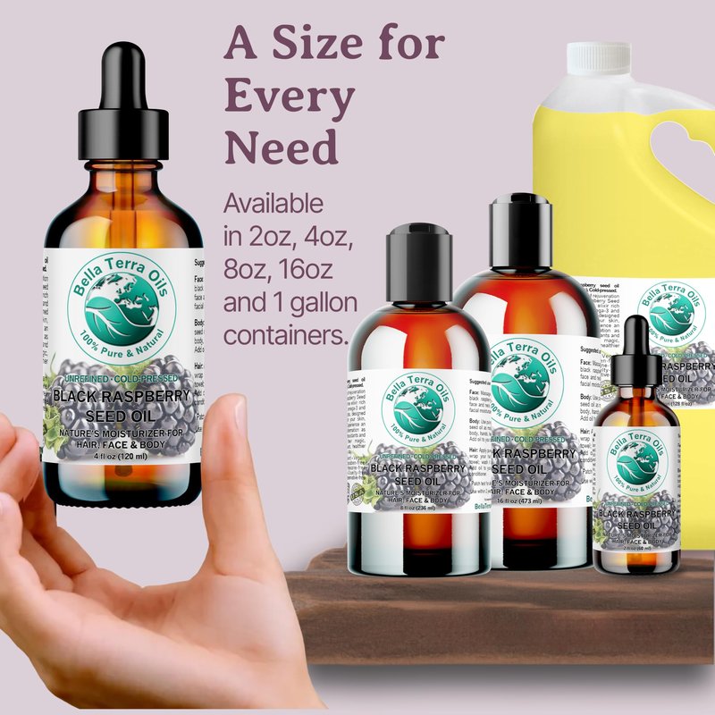 Bella Terra Oils - Black Raspberry Seed Oil 8 oz - Natural Elixir Enhanced with Ellagic Acid & Vitamin A, Cold-Pressed Cosmetic Secret for Radiant Skin
