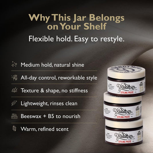 DandyMen Hair Styling Paste for Men | Medium Hold | Flexible Control & Natural Shine | Beeswax with Pro-Vitamin B5 | Tobacco Vanilla Scent | 3.4 oz, 1-Pack