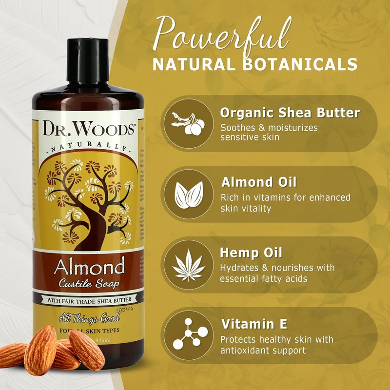 Dr. Woods Almond Liquid Castile Soap - Castile Soap with Pure Almond Oil, Body Wash for Men and Women, Organic Shea Butter, Natural Cleaner for Face, Hands, and Body - 32 Fl Oz, Pack of 2