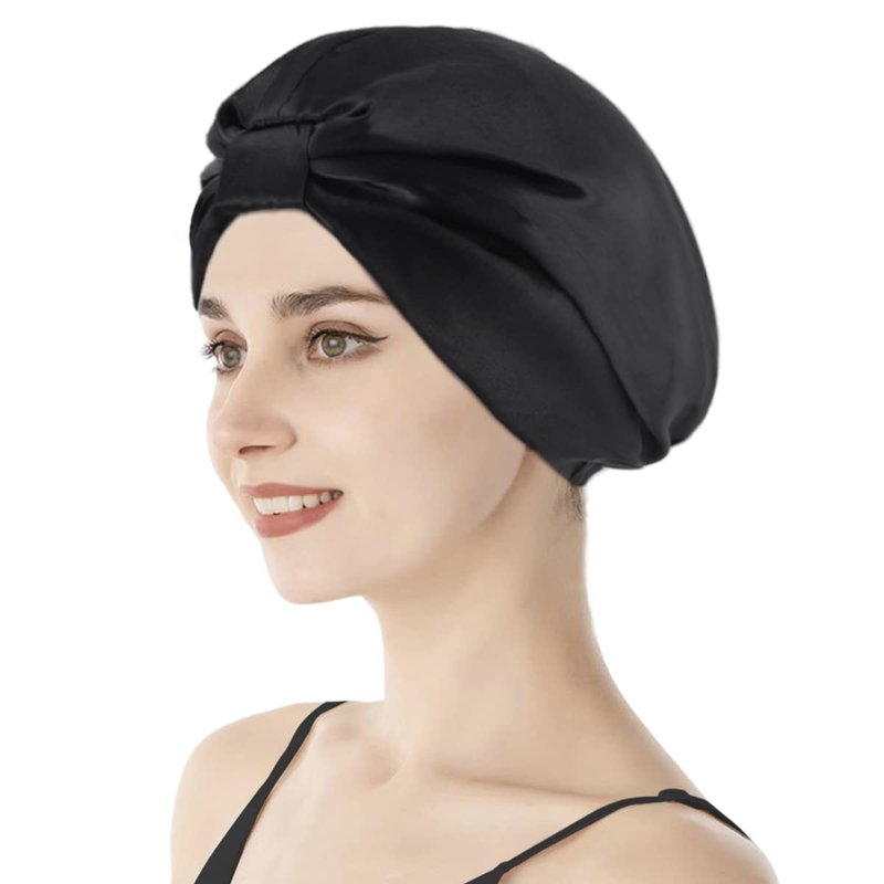 Feivea 22 Momme 100% Mulberry Silk Hair Wrap for Sleeping, Both Sides Silk Bonnet for Women Hair Care, Black