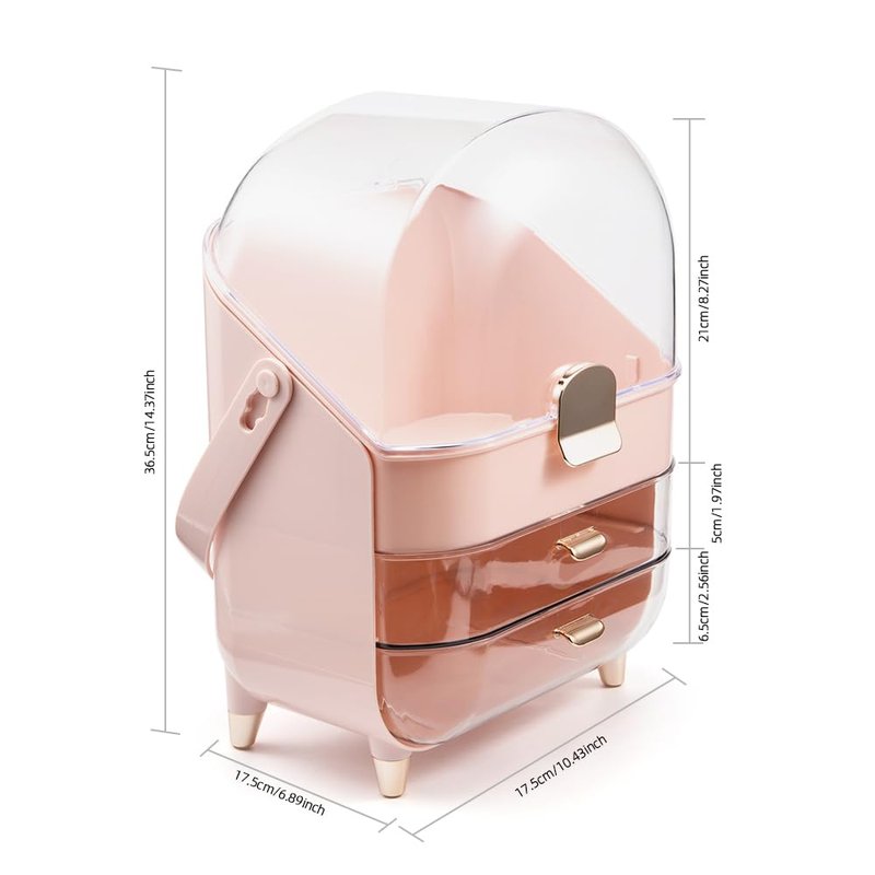 BENEALL Cosmetic Organizer Skincare Organizers, Makeup Organizer Box for Countertop with Lid and Drawers, Make Up Storage Organizer with Waterproof & Dustproof Cover for Vanity Women Girls (Pink)