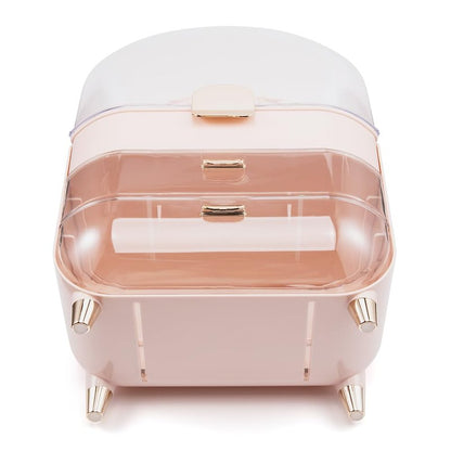 BENEALL Cosmetic Organizer Skincare Organizers, Makeup Organizer Box for Countertop with Lid and Drawers, Make Up Storage Organizer with Waterproof & Dustproof Cover for Vanity Women Girls (Pink)