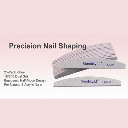 25 Pcs Thick Nail File 180/240 Grit Semicircle Shape, Emery Boards Nail File for Natural Nails and Acrylic Nails, Double Sided Boards Profesional for Home and Salon