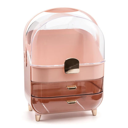 BENEALL Cosmetic Organizer Skincare Organizers, Makeup Organizer Box for Countertop with Lid and Drawers, Make Up Storage Organizer with Waterproof & Dustproof Cover for Vanity Women Girls (Pink)