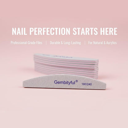 25 Pcs Thick Nail File 180/240 Grit Semicircle Shape, Emery Boards Nail File for Natural Nails and Acrylic Nails, Double Sided Boards Profesional for Home and Salon
