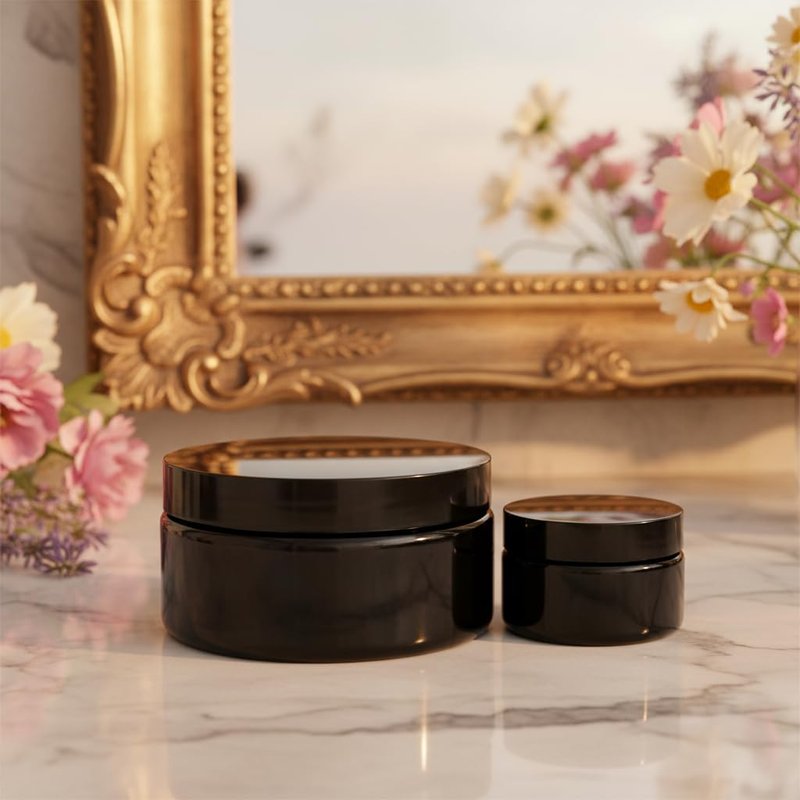 (12 Pack) 8 oz Black PET Plastic Low Profile Jar With Lid for Storage Refillable