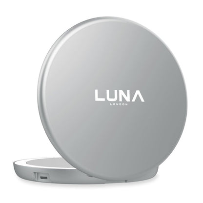 LUNA London Compact Travel Mirror | Travel Makeup Mirror with Light | LED Lighted Vanity Mirror with 3 Light Modes | 7X Magnification Folding Portable & Rechargeable (Chalk Grey)