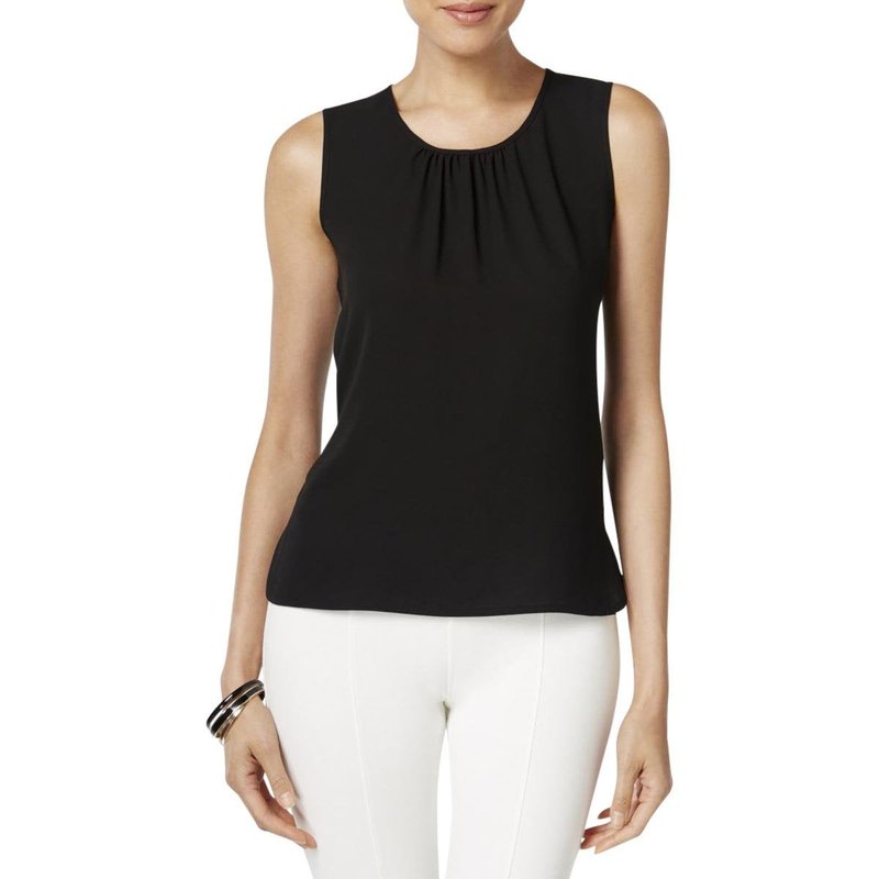 Anne Klein Women's Sleeveless Woven Shell with Pleated Neckline, Black, 6
