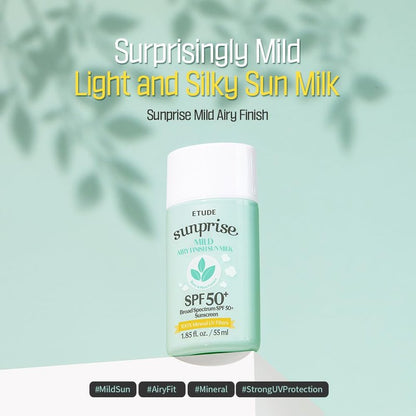ETUDE Sunprise Mild Airy Finish Sun Milk Duo Set (55ml*2) SPF50+ / PA++++ | Sebum-free, Non-Sticky, Long Lasting Protection, 100% Mineral Based Korean Sunscreen, Korean Skin Care, Pefect for Gift