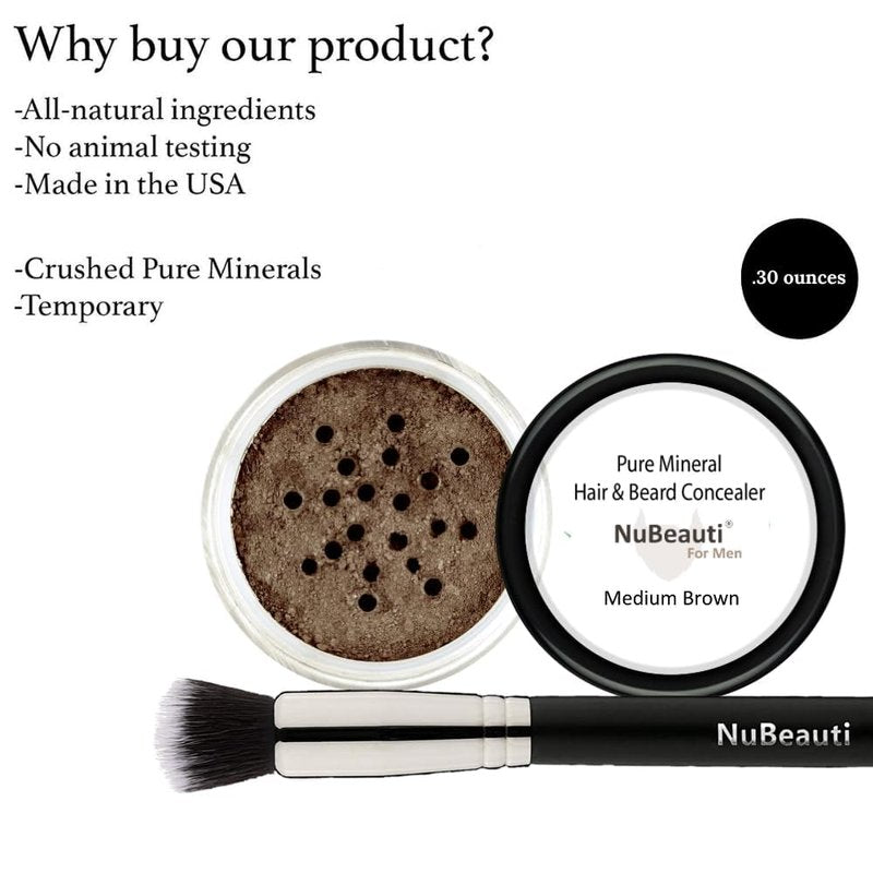 Men’s Beard, Mustache & Hair Root Touch Up Powder – Bald Spot Cover Powder – No Fragrance, Talc or Parabens – Hair Cover Hairline Powder by NuBeauti (Medium Brown, With Brush)
