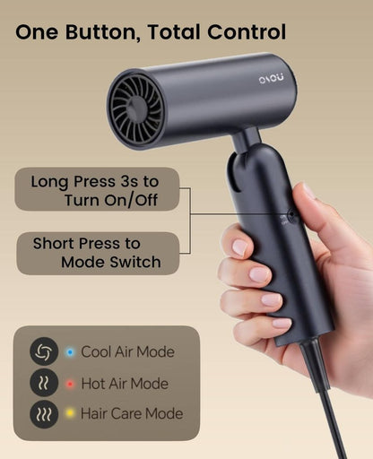 osou Foldable Hair Dryer for Travel - Global Voltage with Auto-Sensing, 1B Plasma Particles, 200times/s Temp Control, Portable Blow Dryer with Single-Sided Comb, Gray