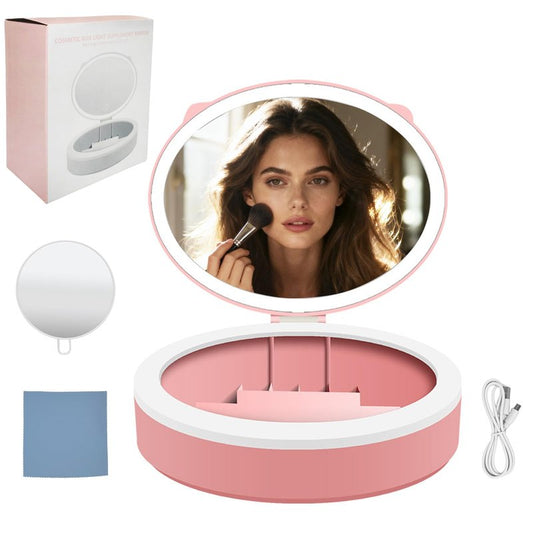 YNBXHJPP LED Mskeup Mirror with Storage, 4K high-Definition Touch Screen Travel Vanity Mirror with 3 Types of Lights, USB Charging, Magnetic 3-inch 10x Magnifying Glass (Pink)