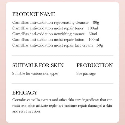 BIOAQUA Camellias Anti-Oxidation Moist Repair Toner Essence Face Cream Cleanser Lotion Camelia Flower Extract Serum Nourishing Emollient Moisturizing Skin Gift Box 100ml+30ml+50g+80g+100ml 5PCS Set